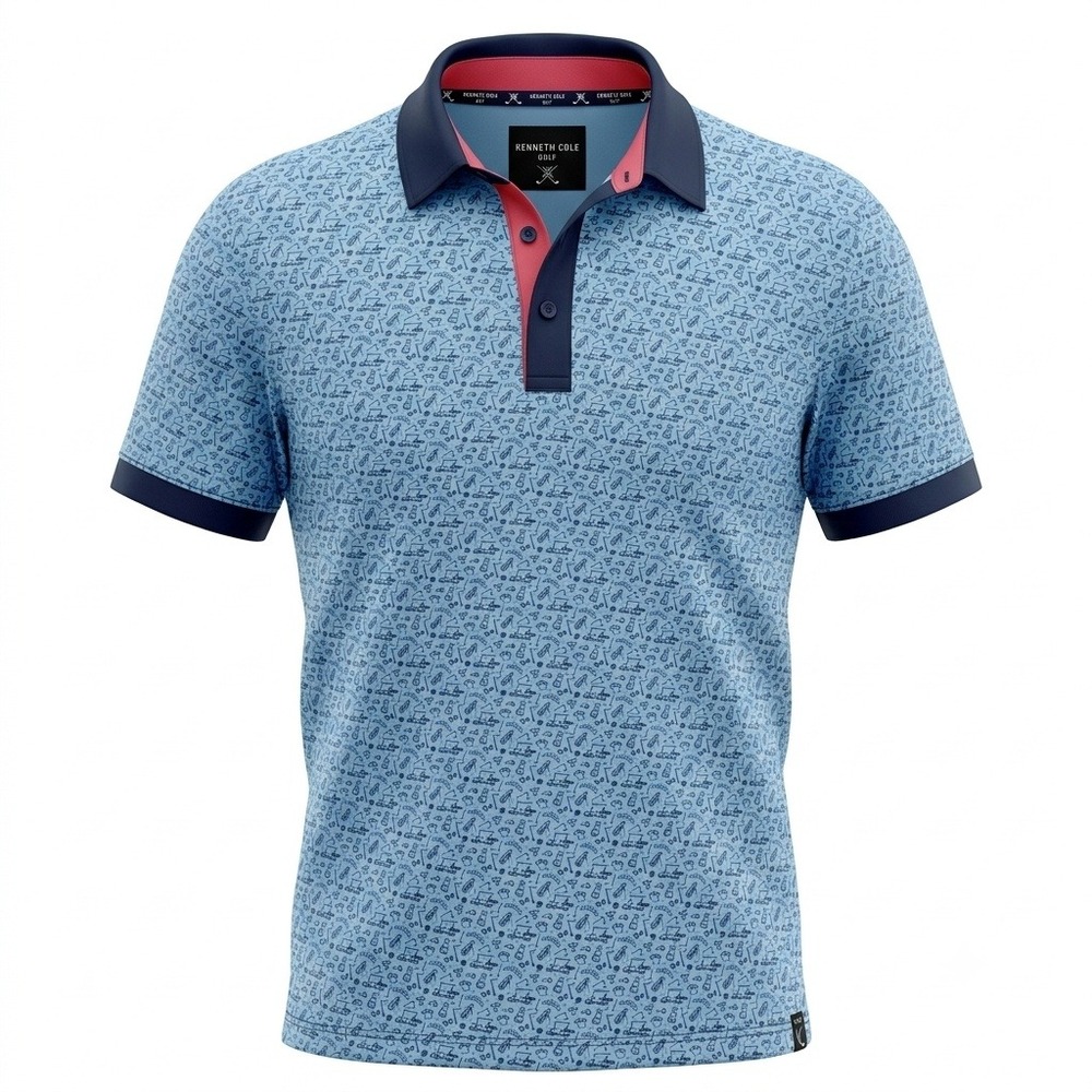 Kenneth Cole Golf Mens XXL Blue Golf Cart Print Performance Stretch Polo Shirt